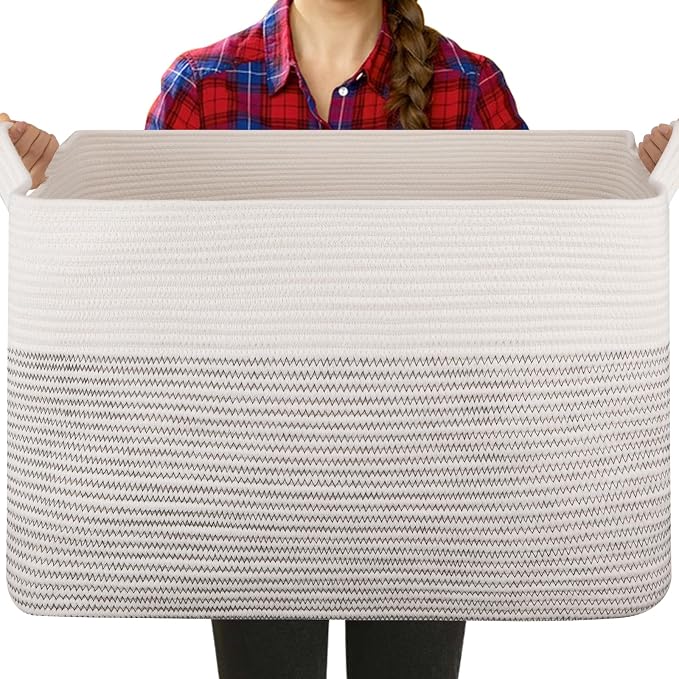 OIASKET Large Blanket Basket, Blanket Storage Living Room, Rectangle Woven Baskets for Storage Toys, Towels, Diry Clothes Organizer Bins (Black & White, 24"x16.9"x14.2")
