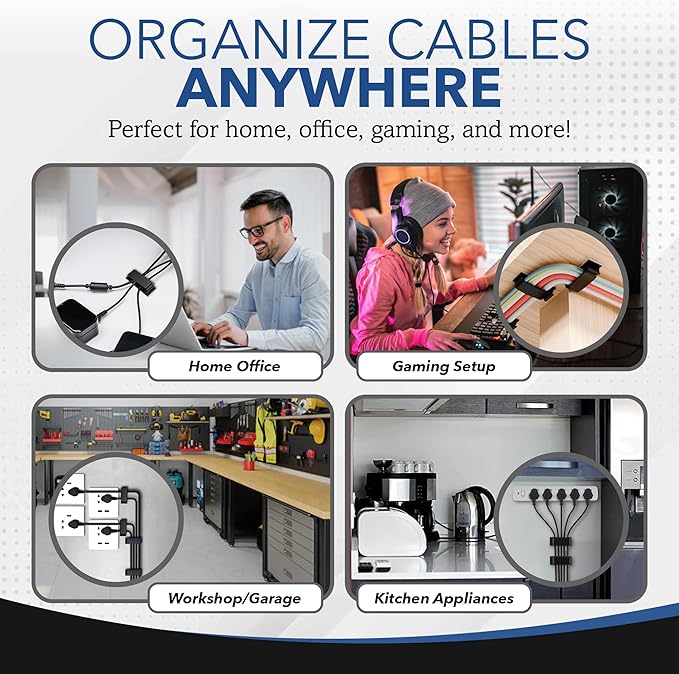 100 PCS Self Adhesive Cable Clips, Wire Organizer, Cable Management, Cord Organizer for Desk, Wall, PC, Car, Home, Office, USB, Ethernet, Power Cords, Black (Large)