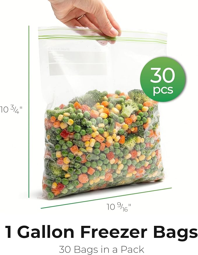 Freezer Bags 1 Gallon – 30 Count Resealable Extra Strong 2. Mil Leak Proof, Double Zipper Freezer Bags Gallon