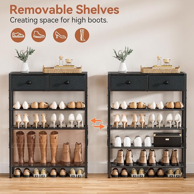 Shoe Rack for Entryway, 5 Tier Shoe Organizer with 2 Non-Woven Drawers, Metal Storage Shoe Shelf for 16-20 Pairs of Shoes, with Wooden Top and Steel Frame, Shoe Stand for Closet Black Grey