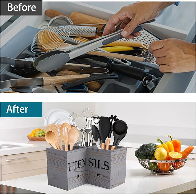 Suli Extra Large Utensil Holder Countertop for Kitchen Counter,Grey Grain | Hold 40 Utensil,Removable Divider,Rutic Silverware Organizer Caddy,Spacesaving,Farmhouse Cooking Crock for Spatula,Spoon,Wood