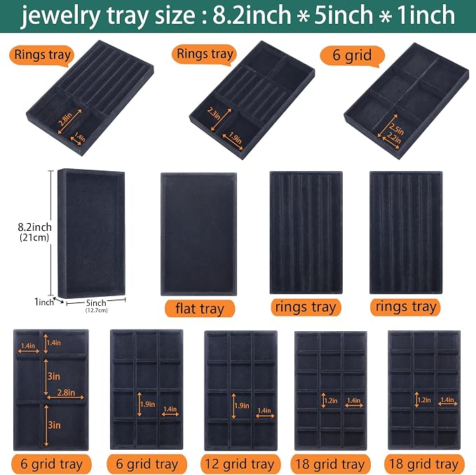 12 Pcs Velvet Jewelry Tray Stackable Jewellery Organier Trays Earrings Necklace Rings Storage Box Jewelry Drawer Display Case for Bracelet Earring Watch Accessories with Removable Dividers, Black