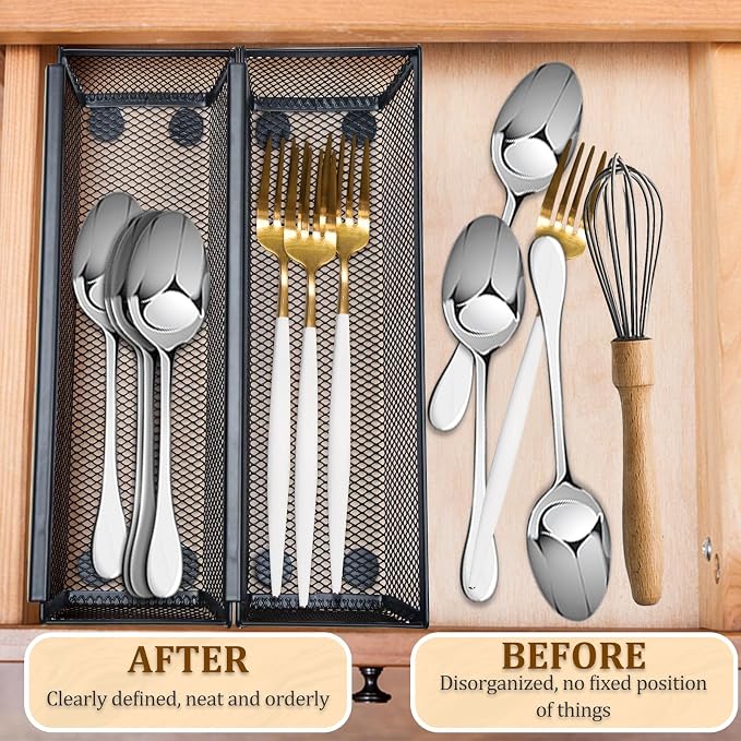 2PCS Drawer Organizer for Kitchen,Utensil Mesh Drawer Organizer with Interlocking Arm for Cosmetic,Flatware,Pen (9 * 3 * 2 Inches,Black)