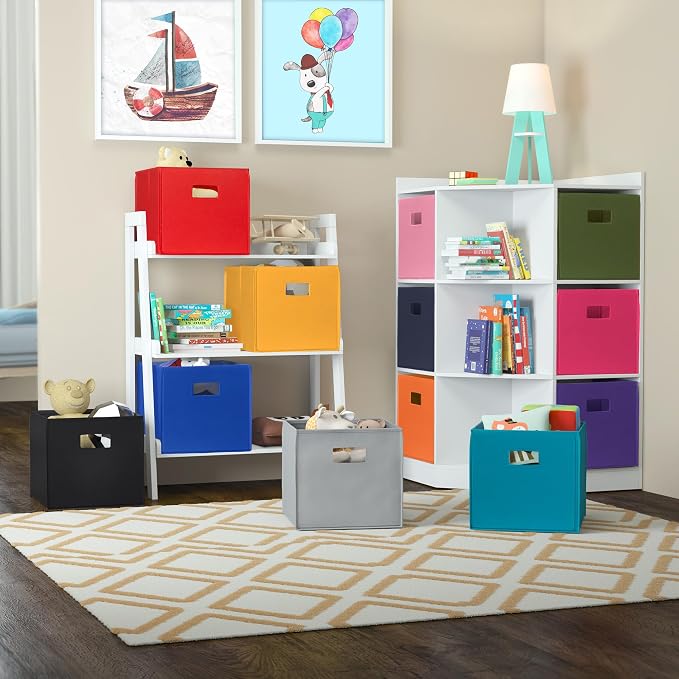 RiverRidge Folding Storage Bins - 2-pack of 10in Tall Black Cubes | Fabric Bins, Set of 2 Storage Cubes, Cut-out Handles, Playroom Closet Organizer, Collapsible Cubby with Bottom Board Insert