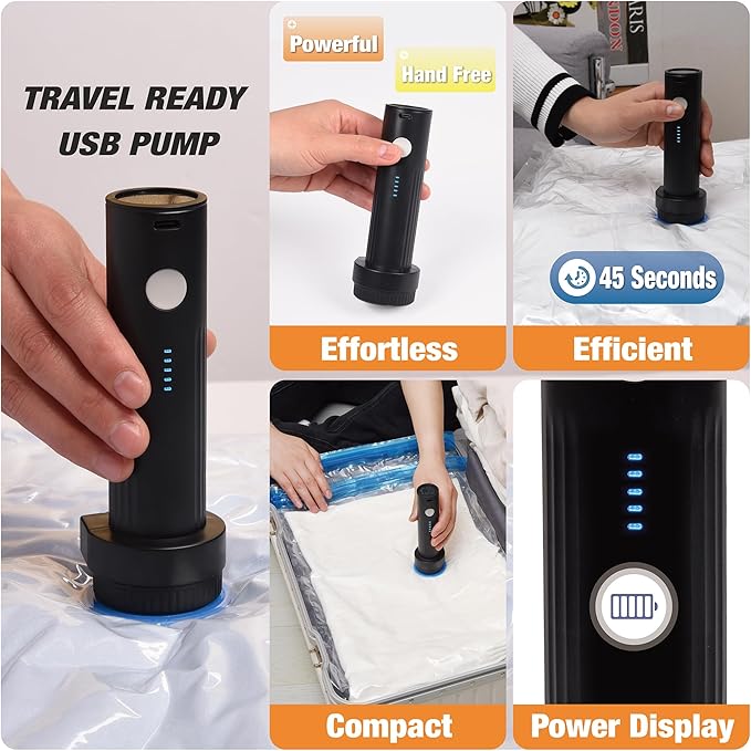 Travel Vacuum Storage Bags with Rechargeable USB Air Pump, Space Saver Vacuum Seal Bags for Luggage, Sealer Compression for Clothes, Comforters, Blankets, Bedding, 10 Combo