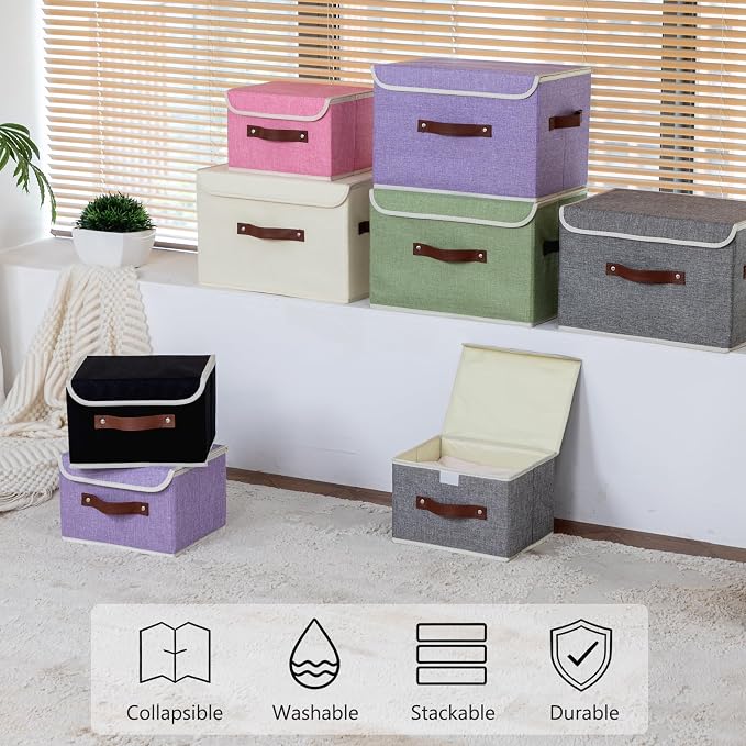 Storage Bins Box with Lids Decorative Cotton Linen Fabric Baskets Cubes with Handles PP Plastic Board Foldable Washable Lidded Clothing Shelf Closet Organizer Container (Purple, Small)