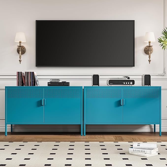 Ustamio Blue Metal Storage Cabinet with Doors and Shelf, 2 Door Locker Storage Cabinet for Home and Office, 2 Tier Low Metal Tv Stand Cabinet