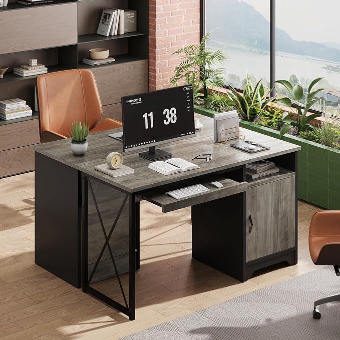 Bestier 47-Inch Office Desk with Storage Cabinet & Keyboard Tray, Grey | 47 Inch Desktop, Right Storage Cabinet, Sliding Keyboard Tray And X-Frame Support Create A Small-Space Home Office Desk.
