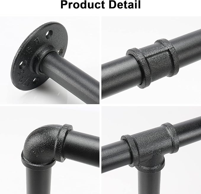 Industrial Iron Pipe Clothes Hanging Bar DIY Wall-Mounted Garment Rack Heavy Duty Clothing Rack for Bedroom, Laundry Room, Closet Storage (Black 60 inch)