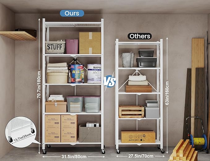 ALANNG 70.7" H Metal Storage Shelves, 5 Tier Folding Shelf on Wheels | Heavy Duty, No Assembly, Rolling, Collapsible Rack Unit for Kitchen, Basement, Pantry (White,1 Pack)