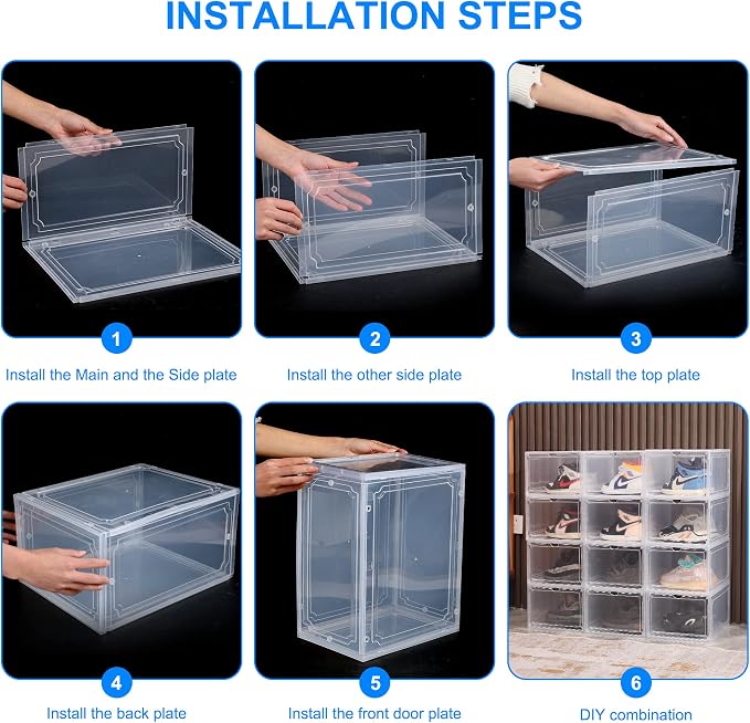 HIYOHIYO 1-Pack Clear Plastic Stackable Shoe Box Organizer, Fit US Size 14 | Sneaker Containers Magnetic Shoes Storage Box Foldable Drop Front Organizer Cases for Home Display Bins