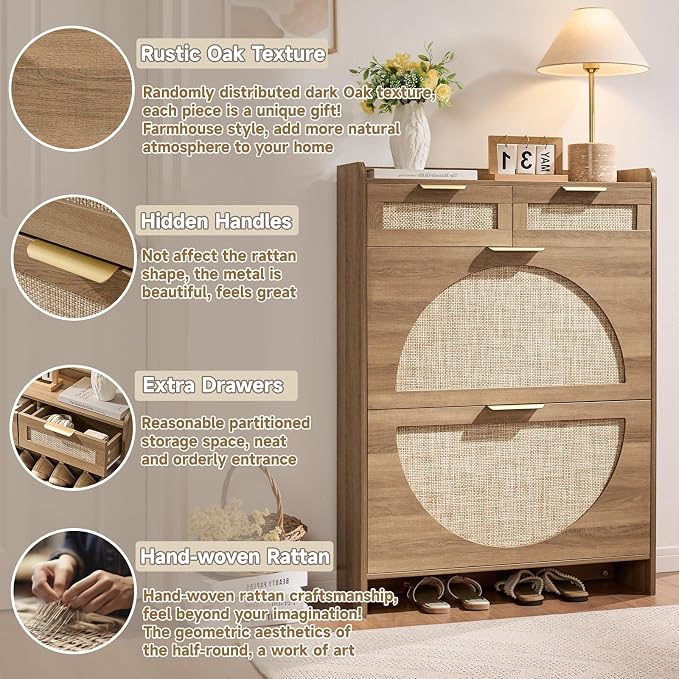Rattan Shoe Storage Cabinet with 2 Flip Drawers & 2 Drawers, Freestanding Organizer for Front Door Entrance, Hidden Narrow Shoe Rack Cabinet Storage for Entryway, Rustic Oak Rattan