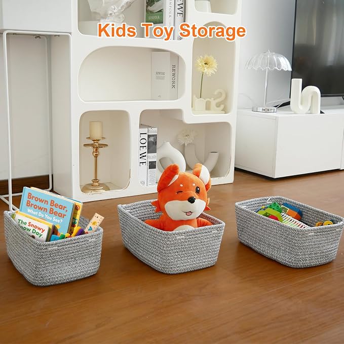 Small Storage Baskets for Organizing, Woven Storage Bins for Shelves, Gift Basket Empty, Cute Decorative Closet Organizer, Baby Rope Basket, Dog Toy Storage, 11x7.5x4.5”, 3Packs Mixed Gray