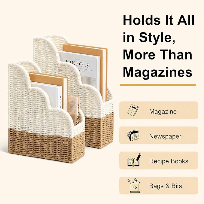 BROWNLILY Handwoven Paper Rope Magazine Holders with Scalloped Edge - Boho Desk Storage Organizers Set of 2 (Large & Small) for Books, Files, Home Office Decor