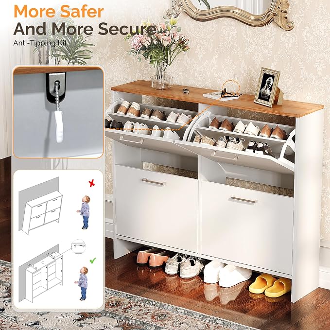 VINGLI Shoe Cabinet for Entryway, Slim Shoe Storage Cabinet with 4 Flip Drawers & Oak Top, Modern Hidden Shoe Rack Organizer, Narrow Shoe Cupboard for Hallway, White, 42 Inch