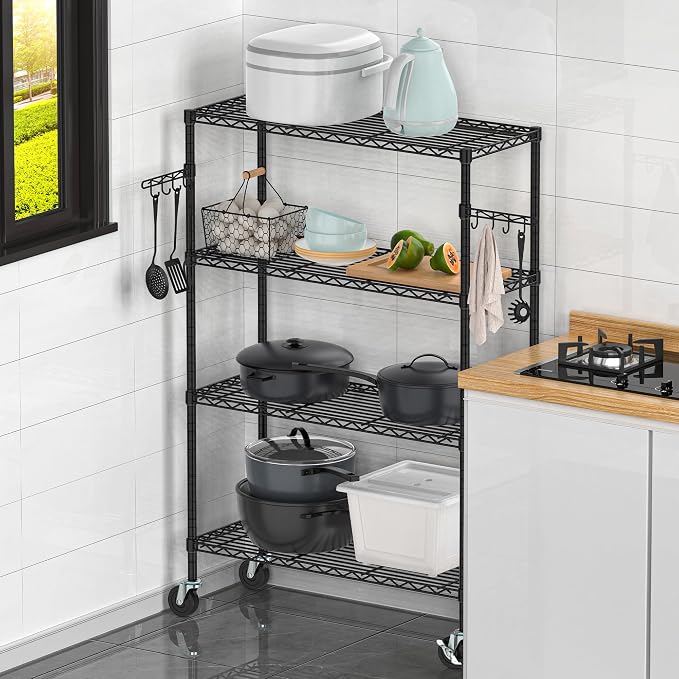 Folews 4-Tier Storage Shelving Unit with Wheels, Metal Rolling Storage Shelves NSF Adjustable Layer Steel Rack Shelf, Wire Shelving Storage for Kitchen Garage Pantry Office, Black (14D x 36W x 57H)