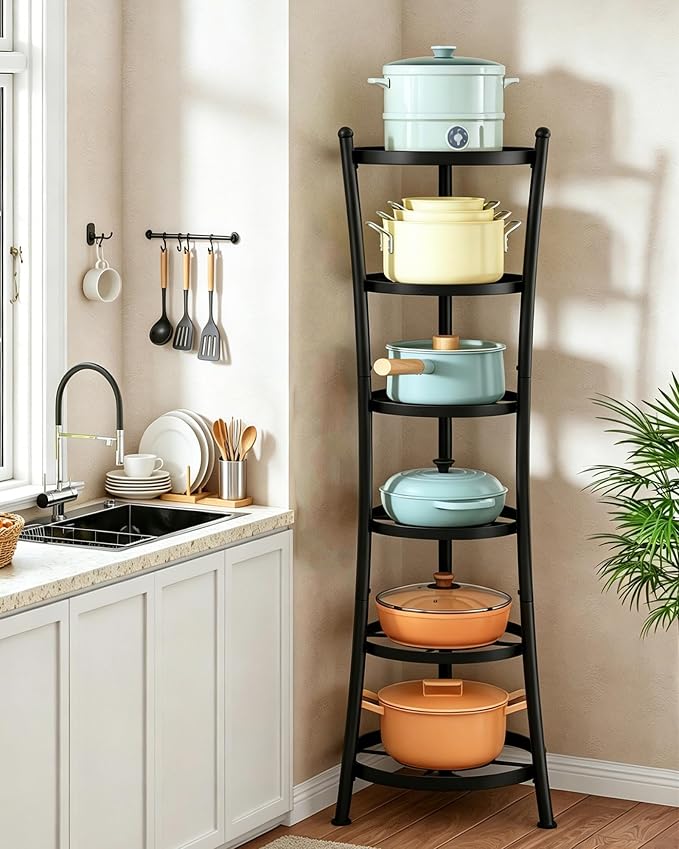 CHOEZON 6-Tier Freestanding Pot Rack, 100 Lbs Capacity Cookware Storage Stand, Sturdy Pan Holder Tower with anti-tip feet, Large Storage Rack with Metal Frame, for Kitchen Dining Room, Black TPR25BB