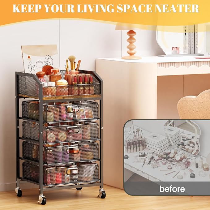 SUNALLY Rolling Makeup Cart Organizer with Drawers, 5-Tier Beauty Vanity Storage Cart for Skincare, Cosmetics, Nail Supplies and Bathroom Essentials, Black