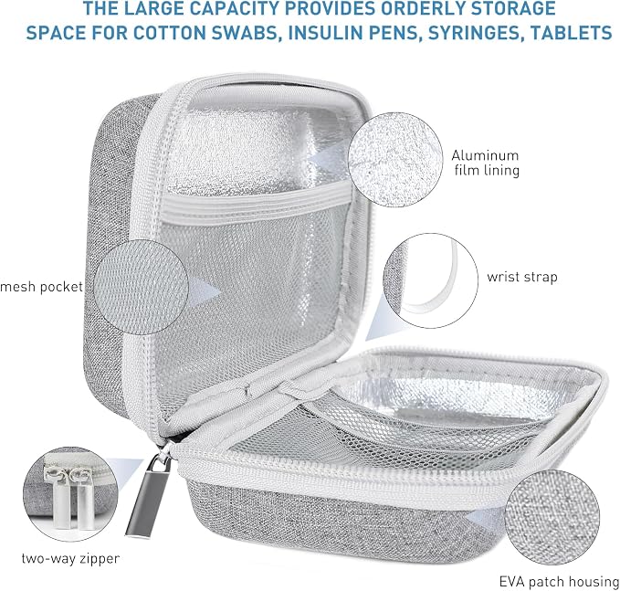 suzamed Insulin Cooler Travel Case,EVA Insulation Travel Medicine Kit with 2 Ice Packs for Diabetes Care,Insulin Pen and Other Diabetic Supplies (Grey)