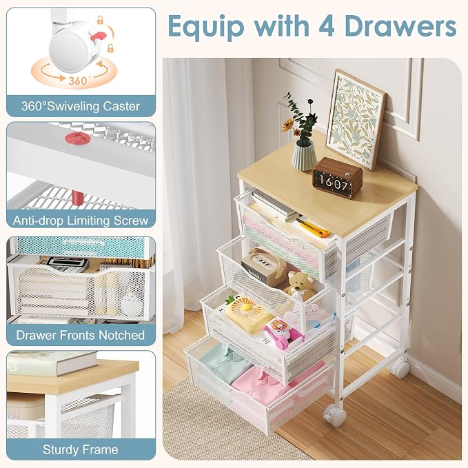 Hongtamoya Rolling Cart with Drawers, Storage Cart with Wheels Metal Rolling Drawer Cart with Lockable Wheels and Wood Tabletop Craft Storage Art Cart for Living Room Bedroom Classroom Office White