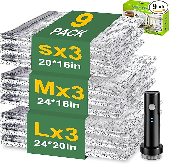 Vacuum Seal Bags for Clothing with Wireless Electric Pump - Travel & Home Use, 9 Pack Ideal Space Saver Vacuum Storage Bags, Travel Vacuum Bags for Luggage