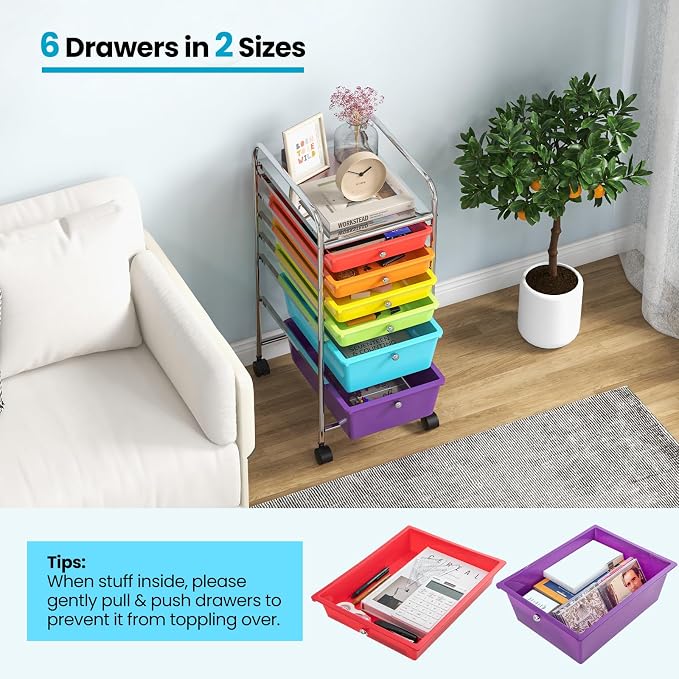Giantex 6 Storage Drawer Cart Rolling Organizer Cart for Tools Scrapbook Paper Home Office School Multipurpose Mobile Utility Cart (Tomato, Orange, Light Green, Turquoise, Purple)