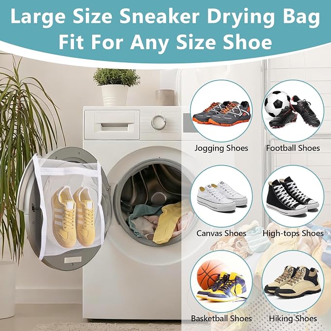 2 Pack Sneaker Dryer Bags for Shoes with Adjustable Straps, Mesh Shoe Laundry Bags for Dryer, Reusable Shoe Drying Holder Protects Dryer & Reduces Noise, 15.5 Inch x 15.5 Inch