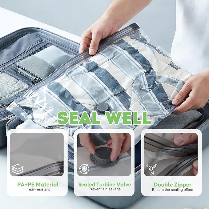 12 Pack Vacuum Seal Bags for Clothing Travel with -60000Pa USB Pump, Save 80% of Space for Clothes (12 Combo Size)