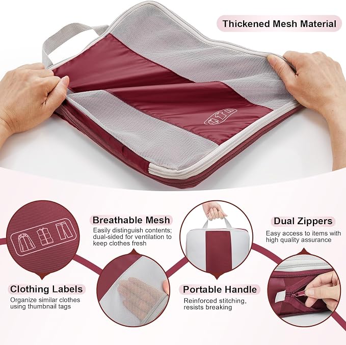 OlarHike 10 Set Compression Packing Cubes for Travel Essentials,Compressible Expandable Space Saver Bags for Organizing Clothes,Luggage Suitcase Garment Bags with Over 1000 pcs Mesh Holes(Wine Red)