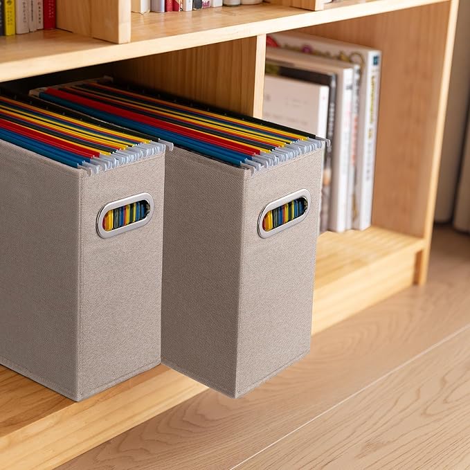 2 Pack Letter Size File Storage Box Collapsible, Fabric Hanging File Folders Organizer, Portable Office Document Holder with Metal Handle, Smooth PVC Rails, Beige
