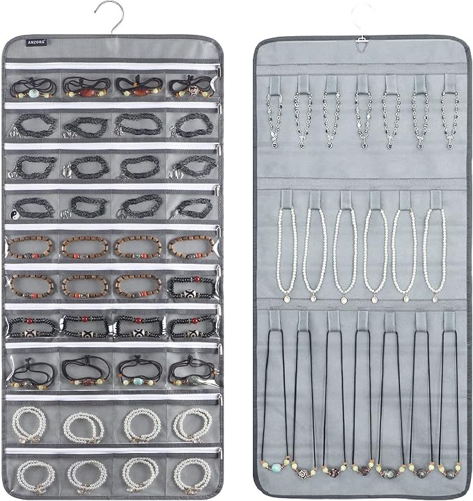 Dual-sided Hanging Jewelry Organizer with 40 Zippered Pockets and 20 Hook Loops Necklace Holder Jewelries Organizer for Earrings Bracelets Rings with 360 Degree Rotating Hanger (40 Zippered Pockets and 20 Hook Loops-Grey)
