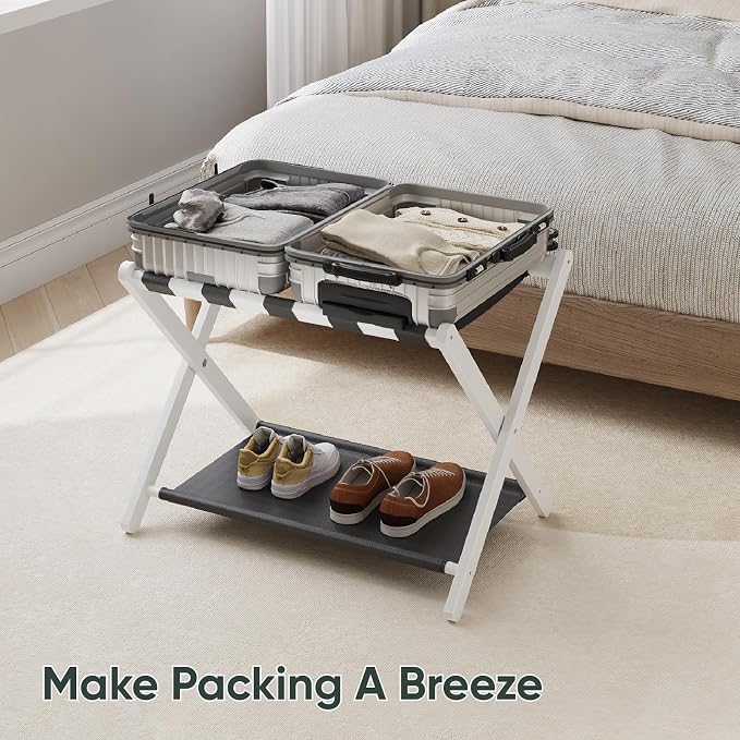 Smart FENDEE 2 Pack Luggage Rack, Folding Luggage Rack for Guest Room, White Bamboo Suitcase Stand Holds up to 131 lb, Luggage Stand with Storage Shelf for Hotel, Bedroom