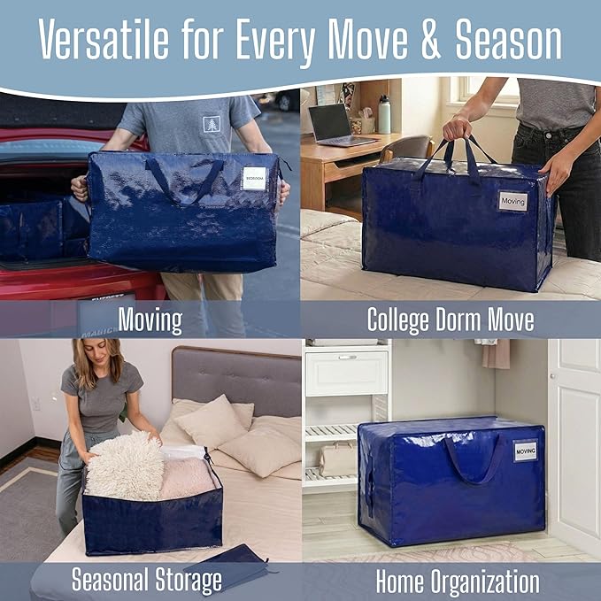 VENO 2 Pack Extra Large Heavy Duty Moving Bags with Wide Opening & Reinforced Handles, Reusable Storage Tote Bags with Strong Zippers for Clothes, College Dorm Essentials & Moving Supplies