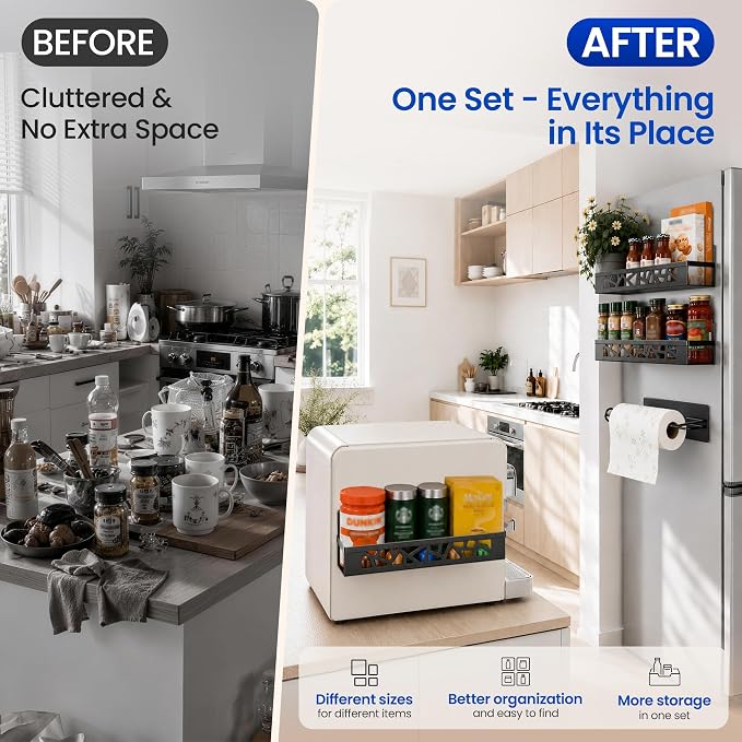 Magnetic Spice Rack with Paper Towel Holder,4 Pack refrigerator organizer | Space Saving Fridge Shelf Storage,No Drill,Storage Spices, Snacks & Kitchen Essentials,Small Kitchen,Apartment or RV