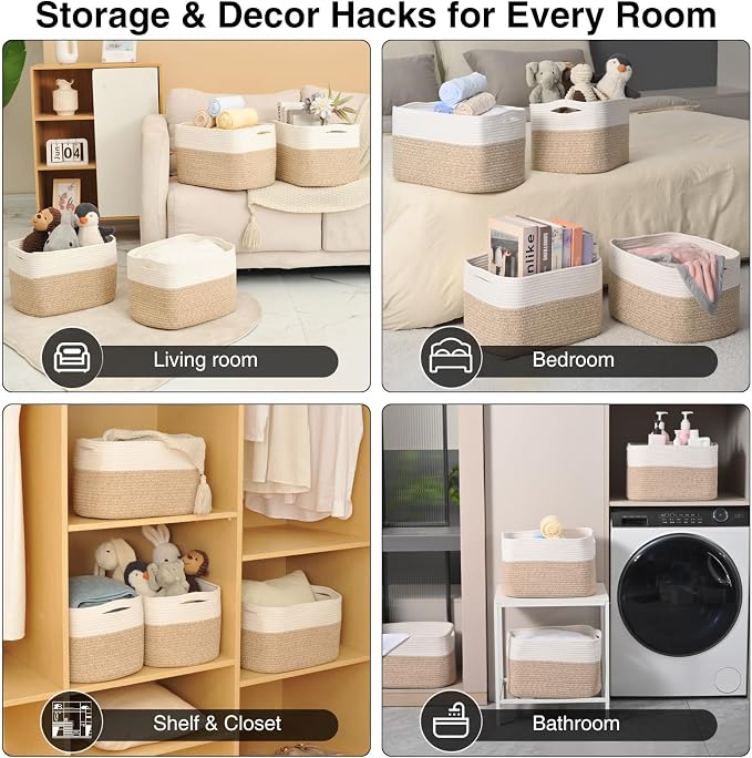 ICERZCZ Woven Cotton Rope Storage Baskets for Organizing & Shelves, Organization Bins for Dog Toys, Clothes, Books, Nursery Organizer, 15"x11"x9", Off White & Mixed Brown (4 Packs)
