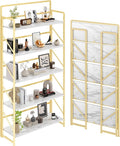 JSB 6 Tier No Assembly Folding Bookshelf, 30.3" Wide Foldable Storage Bookcase for Home Office, Space-Saving Storage Shelf for Living Room (White&Gold)