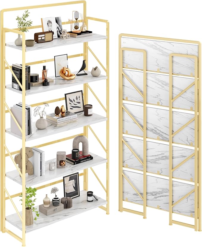 JSB 6 Tier No Assembly Folding Bookshelf, 30.3" Wide Foldable Storage Bookcase for Home Office, Space-Saving Storage Shelf for Living Room (White&Gold)