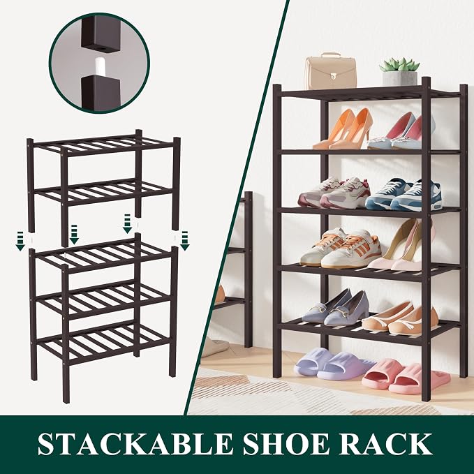 Smiry Bamboo Shoe Rack for Closet, 3 Tier Long Wooden Shoe Organizer, Stackable Wood Shoe Storage Shelf for Entryway, 14 Vertical Slats, One-piece Heavy-Duty Legs, 33.86"x11.02"x18.31", Brown