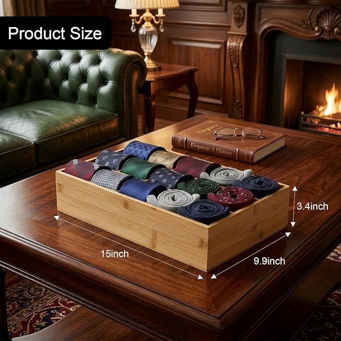 Bamboo Belt Organizer for Closet, Tie Storage Organizer Bins with Detachable Divider Drawer Organizer, Closet Organizers Storage Box for Socks, Bras, Briefs, Ties, Belts,Natural