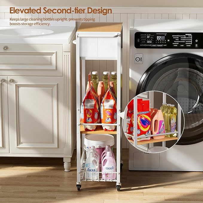 Lewondr Bathroom Organizer and Storage Cart with Drawer, 3-Tier Narrow Rolling Utility Cart with Wood Top and Wheels for Small Spaces, Laundry, White