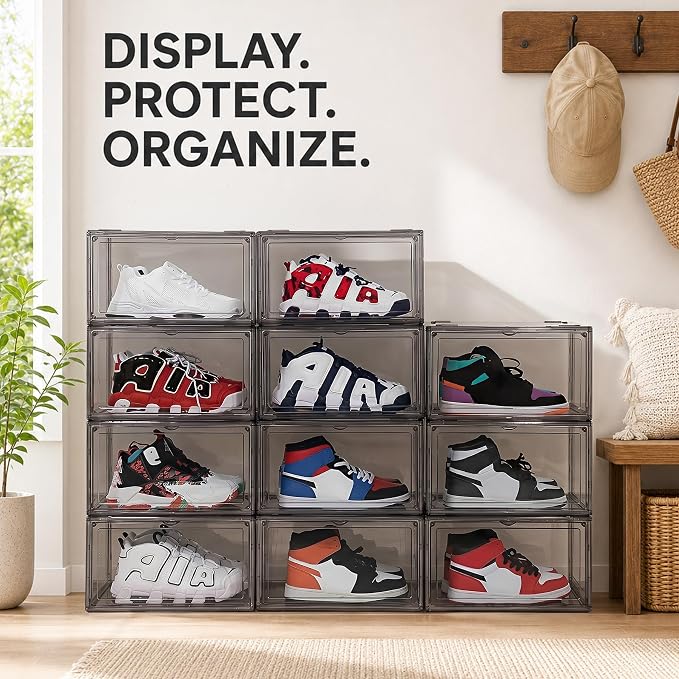 MMBABY 12 Pack Acrylic Shoe Boxes– Ultra Clear Plastic Stackable Sneaker Storage For Sneakerhead. Professional Grade Shoe Display Case with Magnetic Door.Fits US Size 15 (Grey-Side Open)