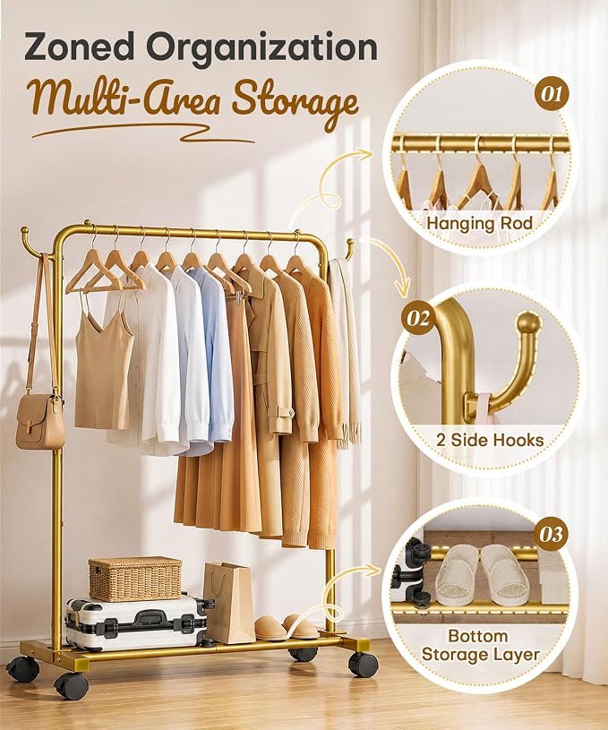 Homde Rolling Clothes Rack with Hooks: Standing Garment Storage for Indoor - Hanging Rod for Bedroom Laundry Room - Coat Dress Organizer on Wheels with luggage shelf (Gold, 31.5")