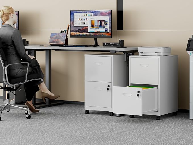 Polup 2 Drawer Rolling File Cabinet on Wheels, Mobile Two Drawer Filing Cabinet with Lock, Small Files Cabinets for Under Desk, Metal Filing Cabinets for Letter Size Folders, White - Assembly Required