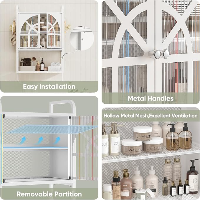 Metal Bathroom Arched Wall Cabinet, Hanging Over Toilet Medicine Storage | Small Modern Wall-Mounted Medicine Storage Cabinet with 2 Doors, Removable Shelf, Towel Bar, 9 x 16.8 x 28.7 Inches, white