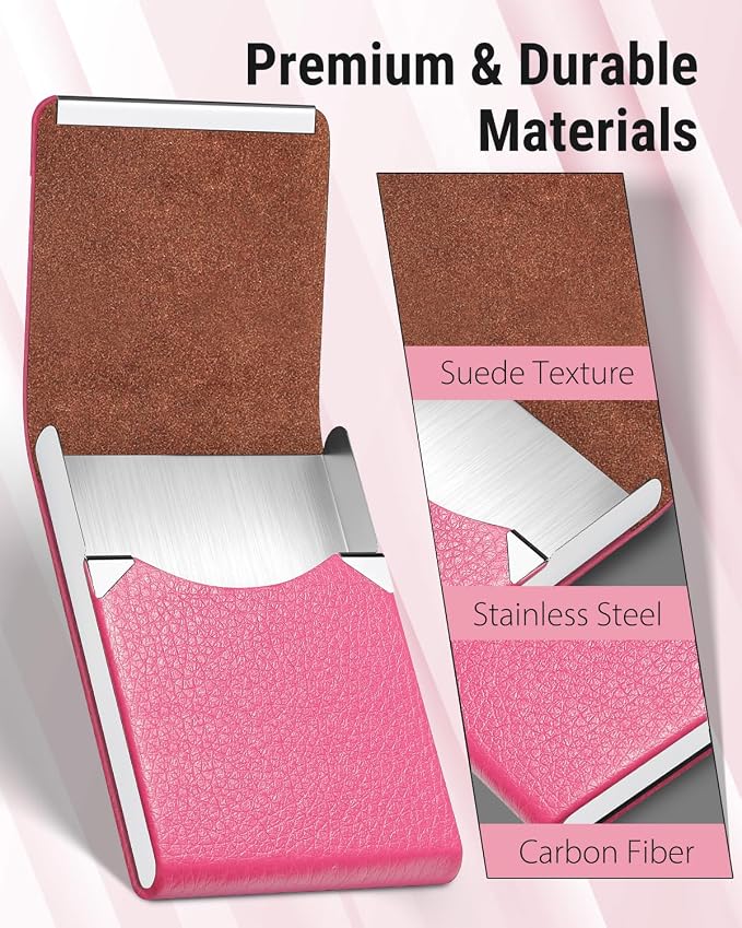 MaxGear Business Card Holder, PU Leather Business Card Case, Rose Red | Stainless Steel Interior, Magnetic Closure, RFID Blocking, Holds 15–25 Standard Business Cards
