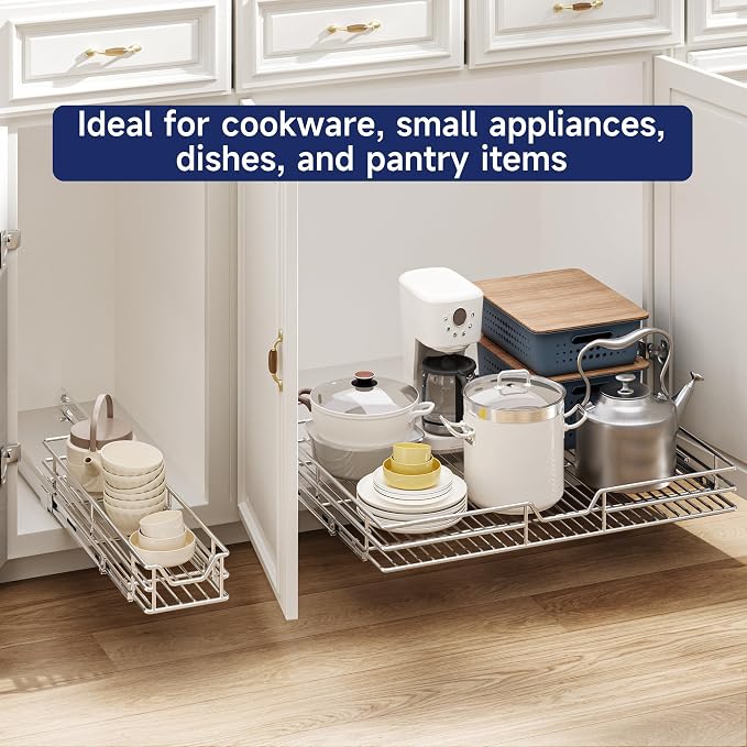 Pull Out Cabinet Organizer, 15.5" W x 21.5" D, Heavy Duty Chrome Slide Out Shelf for Base Cabinets, Sliding Wire Basket Drawer for Pantry Items, Bowls, Containers & Cleaning Supplies