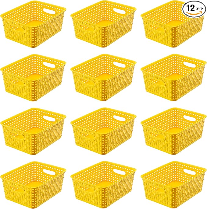 Yellow Plastic Organizer Baskets, 12-Pack Stackable Pantry Storage Baskets, Small Baskets for Shelves, Bathrooms, Kitchens, Laundry Room, Classrooms, Cabinets and Bedrooms