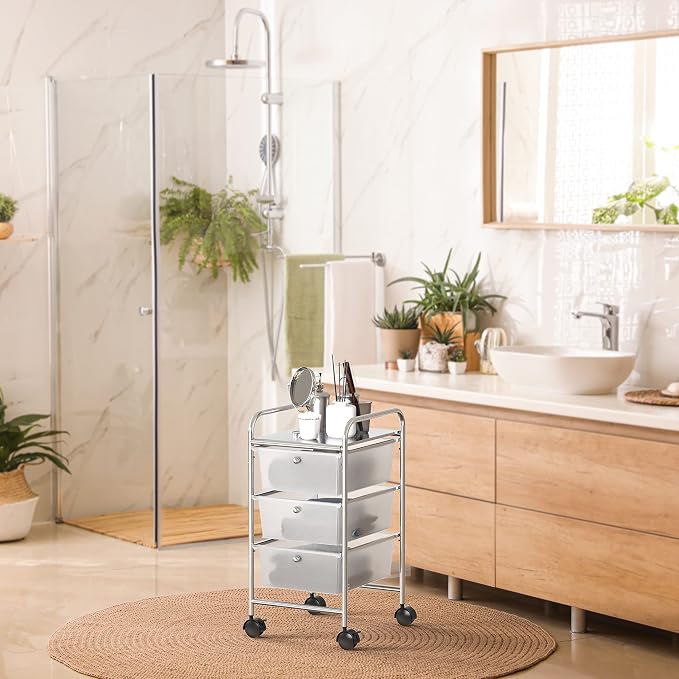 Simple Houseware 3 Drawers Rolling Utility Cart Art Craft Organizer, Chrome | 1-Column, 25.4" Height, Lockable Wheels, for School, Office, Art Craft, and Paper Storage