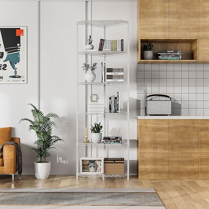 6 Tier NSF Metal Corner Shelf Wire Shelving Unit, 600lbs Capacity Heavy Duty Adjustable Pentagonal Storage Rack with Shelf Liners for Kitchen Garage Office Etc Room Corner, 72"H x 20"L x 20"D - White