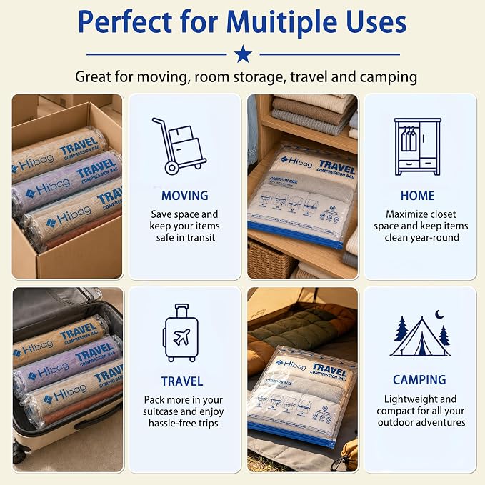 Compression Bags for Travel Essentials, Roll Up Bags No Vacuum Needed | for Cruise Flight, Extra Thick, Luggage Size Carry-on Suitcase Backpack, Waterproof